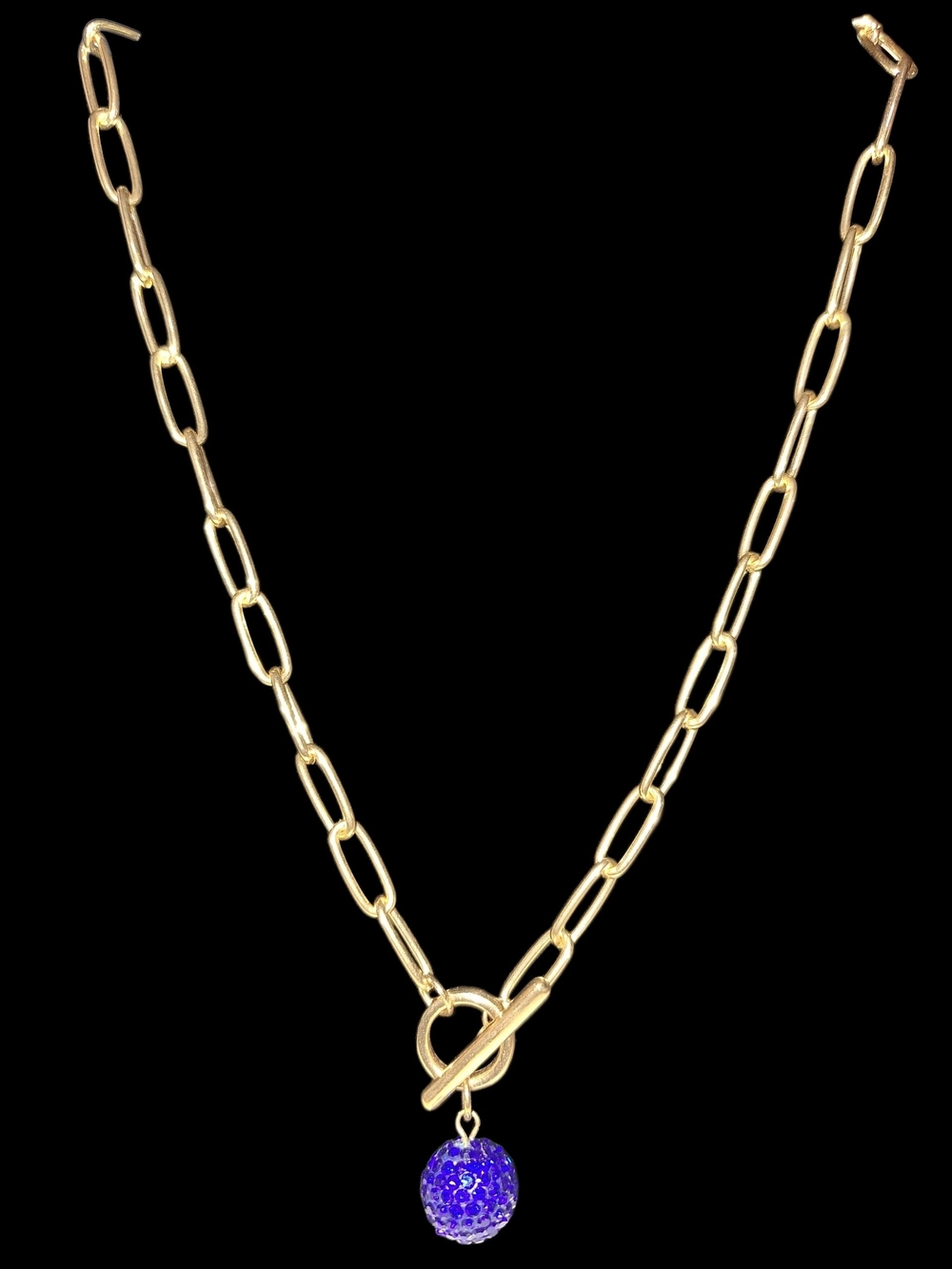 Gold Paperclip Necklace with Blue Crystal Ball Pendant
